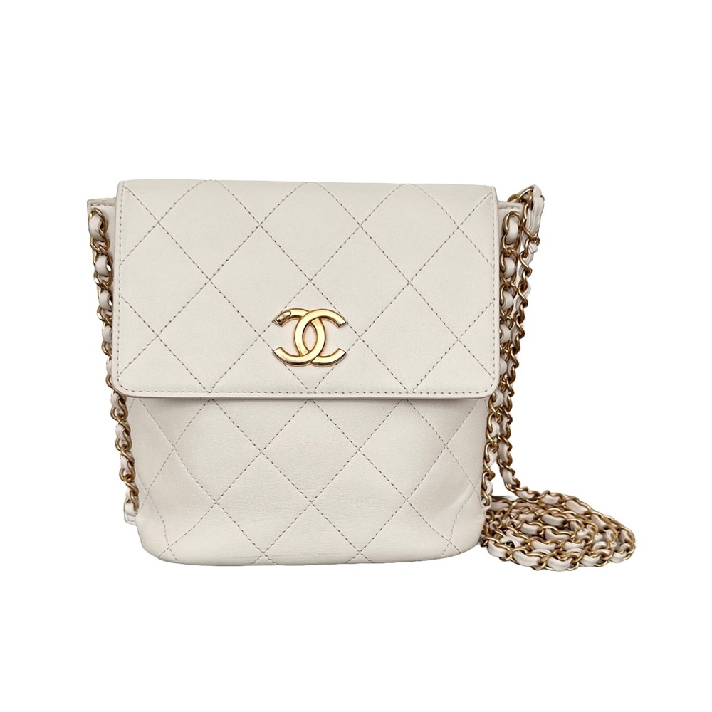CHANEL Quilted Calfskin Chain Flap Hobo Small Ivory White Gold - Picture 1 of 16
